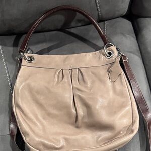 Roots Taupe Leather Shoulder Bag with Dark Brown Handles